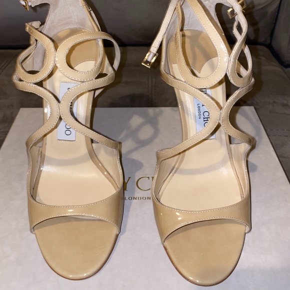 Jimmy Choo Shoes - Jimmy Choo Lang 100mm Patent Strappy Sandals Nude
